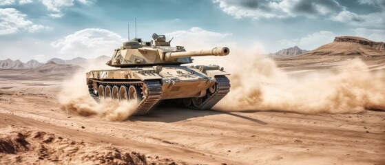 main battle tanks drive crosses in the desert,  Military or army special operation, Generative AI