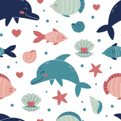 Seamless pattern with marine animals, plants and shells on a white background. Sea texture for packaging, baby clothes, paper, scrapbooking. Vector cartoon illustration