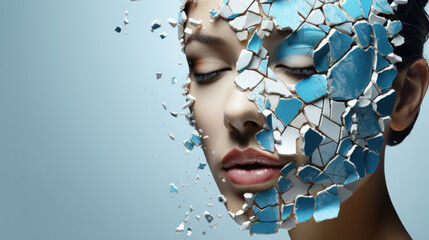 woman face broken in pieces. skin care and facial regeneration and rejuvenation