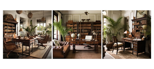 decor british colonial home office interior design - obrazy, fototapety, plakaty