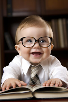 funny baby with tie and glasses reading a book. intellectual pose and early reader