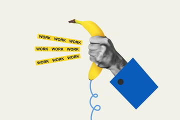Collage poster picture of hand hold vintage phone yellow ripe banana answer call operator center...