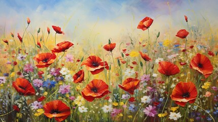  a painting of red poppies and daisies in a field.  generative ai