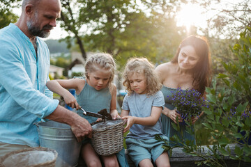 Fototapeta premium Happy family taking care of plants in the garden.