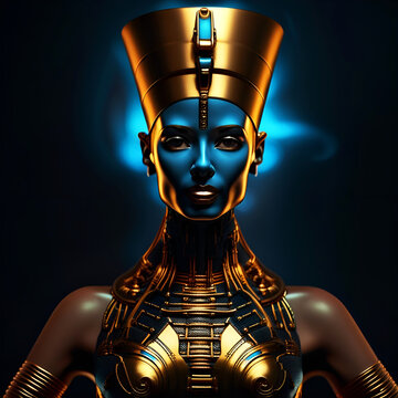Cyborg Nefertity, hi-tech female portrait, AI generated image