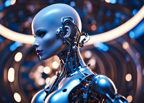 Cyborg world, hi-tech female portrait, AI generated based on the female real photo
