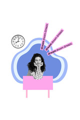 Artwork sketch collage image of smiling pretty girl sitting classroom waiting evening free time isolated on drawing creative background