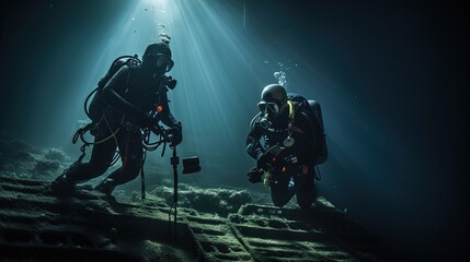 Obraz na płótnie Canvas Some Divers Underwater during the Exploration.