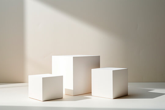 Set of creme white cube pedestal podium in in window light. Minimal wall scene. Pastel color abstract room design. Shapes for cosmetic product display. Stage
