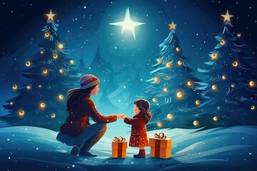 Merry Christmas and Happy Holidays! Cheerful mother and her cute daughter exchange gifts. A parent and a small child have fun near the Christmas tree on the street. Stylization as a vector drawing.