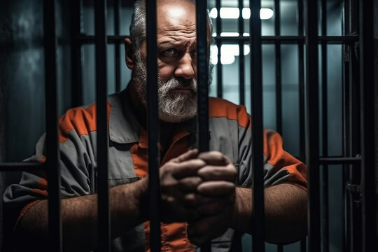A man in prison holding bars with his hands looking distressed.