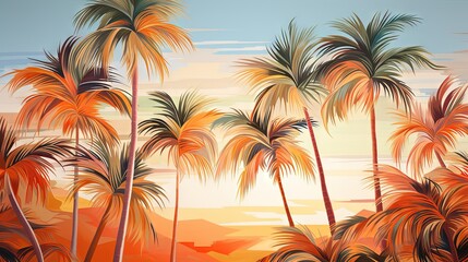 Fototapeta na wymiar a painting of palm trees on a beach with a sunset in the background. generative ai