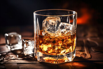 Whiskey in glass with cubes of ice on dark wooden rustic background, close up.