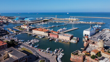 Fototapeta na wymiar View of the port city of Livorno in Tuscany from above