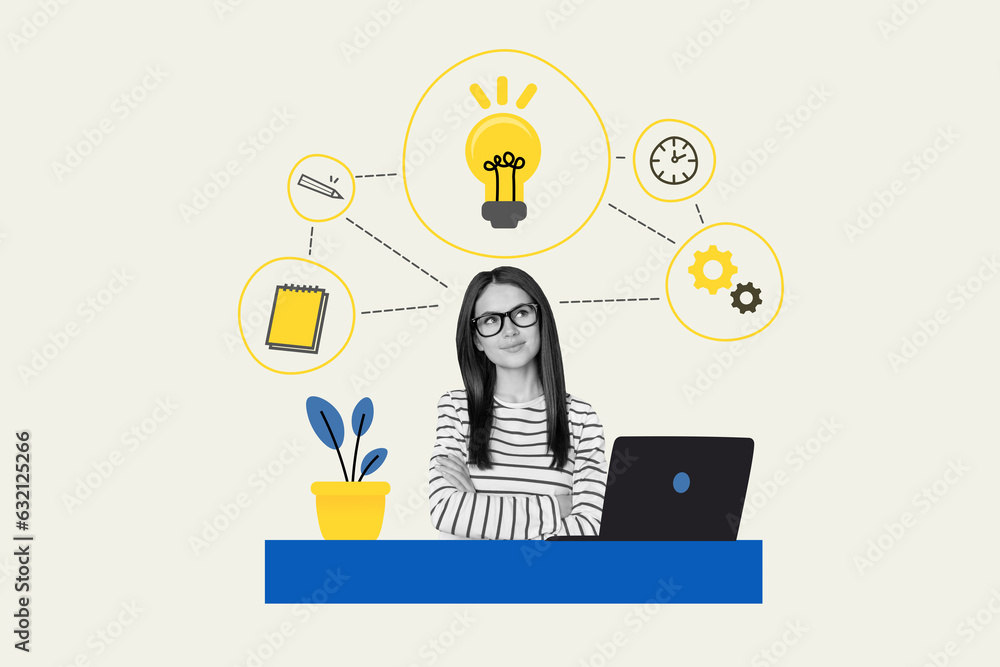 Poster collage sketch picture of minded smart clever girl work home office room have great idea solution is