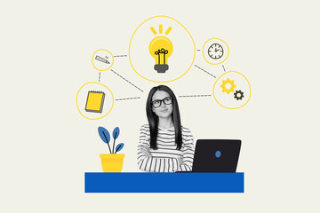 Collage sketch picture of minded smart clever girl work home office room have great idea solution...