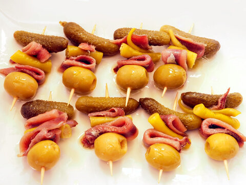 Gilda pinchos with olives, pepper and anchovies tapas from Spain