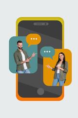 Illustration collage of funny people talking youtube hands showing indicating each other isolated on drawing background