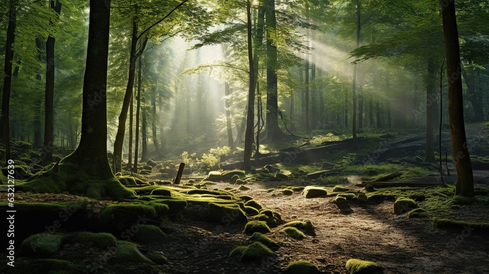 Poster a path in the middle of a forest with moss growing on the ground. generative ai