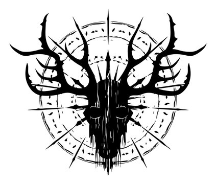 Fantasy human skull with deer horns, vector silhouette