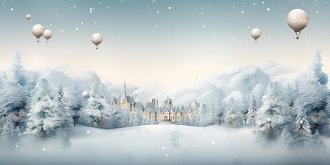 winter landscape with snow and trees, snow covered tree ground and balloons, Winter season with snowflake and balloons, generative Ai