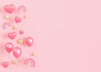 Pink background with hearts, stars, balloons and copy space. It's a girl backdrop with empty space for text. Baby shower or birthday invitation, party. Baby girl birth announcement. 3D render.