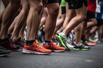 Fototapeta na wymiar A group of runners rush along the city street, close-up on their feet.