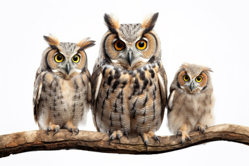 Fototapeta premium Image of group of barred eagle-owl on a branch on a white background. Birds. Animals. Illustration, Generative AI.