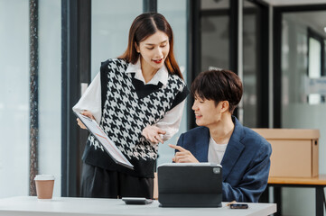 Friends of Asian MBA student researching data of thesis project, education online college courses, accredited degree programs, english chinese languages classroom, affordable regionally accredited