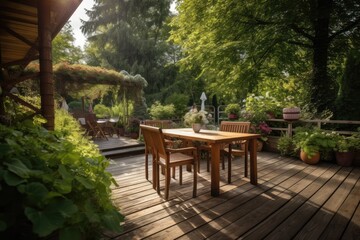 Fototapeta na wymiar Beautiful backyard with a cozy terrace and great views.