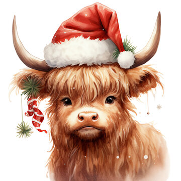 Cute highland cow with Christmas Santa Claus hat watercolor clipart isolated
