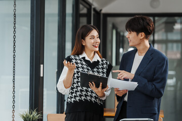 Friends of Asian MBA student researching data of thesis project, education online college courses, accredited degree programs, english chinese languages classroom, affordable regionally accredited