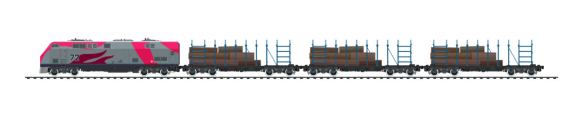 Fototapeta na wymiar Railway freight wagons, locomotive with railway platform for timber transportation , railway and container transport banner, overland transport, vector illustration