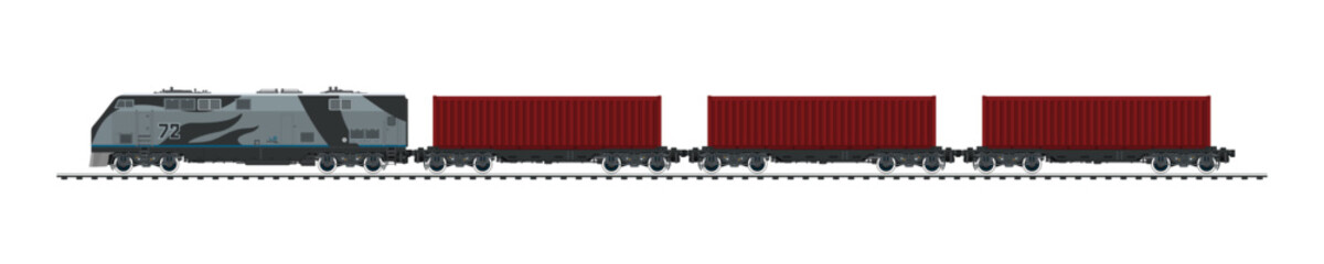 Railway freight wagons, locomotive with cargo container on railroad platform , railway and container transport banner, vector illustration
