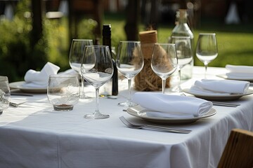 Fototapeta premium Exquisite white table setting in a restaurant on a summer terrace.