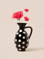 Wild roses levitate above black vase with polka dots. Minimal aesthetic concept of flower arrangement.