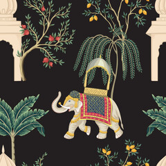 Indian elephant with fruit tree in the night town seamless pattern. Vintage wallpaper.