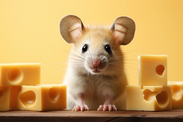 Fototapeta premium Portrait of cute little mouse with big ears, sits on table near yellow cheese, looking at camera.