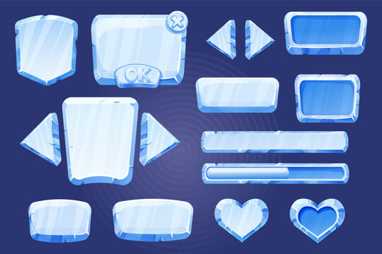 Set game menu assets ice buttons, interface elements 2d in cartoon style isolated. Blocks, shapes frozen gui panels, sliders, arrows.
