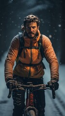 Winter portrait of a cyclist in the snowy season. Generative AI