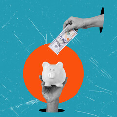Art collage, the hand with dollars puts money in a pig's piggy bank.