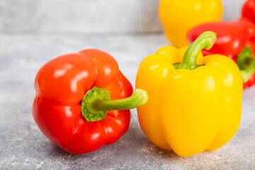 PAPRIKA.Fresh yellow and red bell pepper isolated on white background. Bulgarian salad pepper .Fresh vegetables. Harvest. Vegan. closeup. Place for text. copy space.