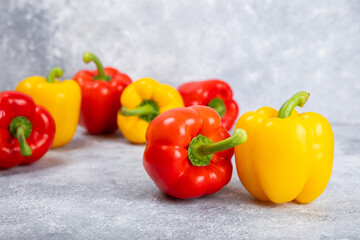 PAPRIKA.Fresh yellow and red bell pepper isolated on white background. Bulgarian salad pepper .Fresh vegetables. Harvest. Vegan. closeup. Place for text. copy space.