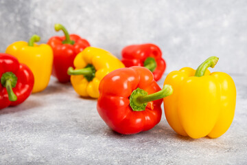 PAPRIKA.Fresh yellow and red bell pepper isolated on white background. Bulgarian salad pepper .Fresh vegetables. Harvest. Vegan. closeup. Place for text. copy space.
