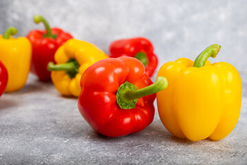 PAPRIKA.Fresh yellow and red bell pepper isolated on white background. Bulgarian salad pepper .Fresh vegetables. Harvest. Vegan. closeup. Place for text. copy space.