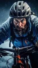 Fototapeta premium Winter portrait of a cyclist in the snowy season. Generative AI