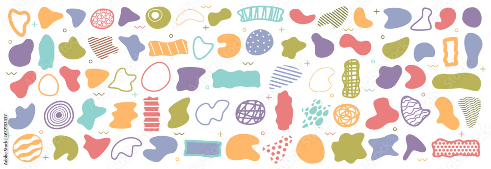 Poster Abstract liquid organic shape blob, random blotch or inkblot flat cartoon set. Blobs and fleck graphic, drop of liquid, fluid. Ink stain, mottle spot irregular shape. Basic and smooth forms
