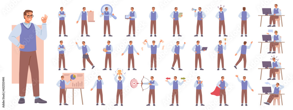 Leinwandbilder man working in office and presentation in various action flat cartoon vector illustration set. perso