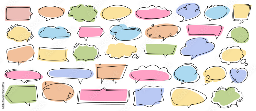 Poster speech bubble doodles, hand drawn balloons isolated flat cartoon vector illustration icons set. vect