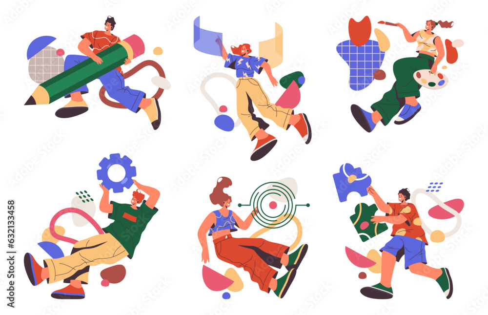 Poster abstract artists and content creators, flat cartoon vector illustration set. writer or journalist, p
